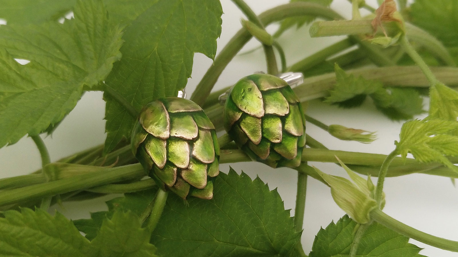 Bronze Beer hop cufflinks with “colorit”.   Khealin Damm, Goldsmith Damm, Köln Rodenkirchen